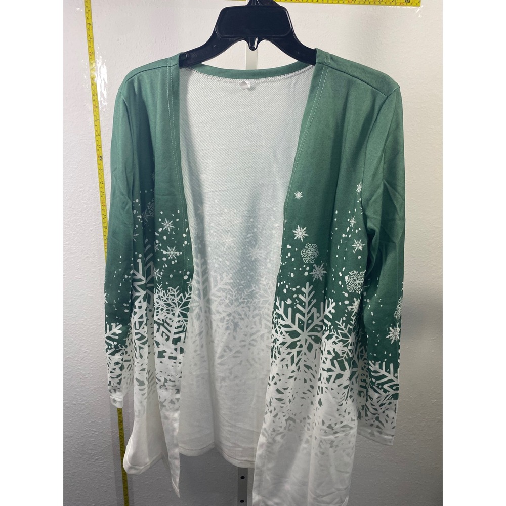 Green White Snowflake Ombre Open Front Cardigan Holiday Christmas Sweater Large